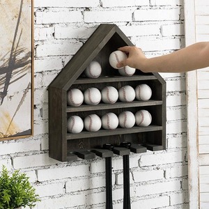 Estante de béisbol para montar en la pared, estante de almacenamiento de varios niveles de madera maciza para bates y pelotas, color retro - Product Image 1