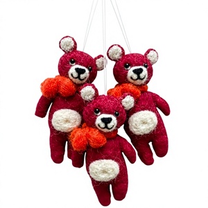 Handmade Eco-Friendly 100% Certified Wool Traditional Red Felt Bear Christmas Ornament Orange Ribbon Wall Hanging Garland - Product Image 1