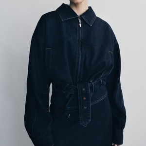 OEM Women's 2025 Retro Versatile Strap Waist Lapel Loose <b>Quilted</b> Breathable 100% Cotton Denim Jacket - Product Image 1