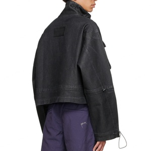 Nouvelle veste cargo en denim ciré noir surdimensionnée à col montant et manches longues pour hommes, tendance OEM - Product Image 3