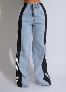 Vente chaude Palazzo Lâche Droite Jambe Large Rétro Casual Streetwear Trois Rayures <span class=keywords><strong>Jeans</strong></span> Haute Stretch Denim <span class=keywords><strong>Jeans</strong></span> Pantalon pour Femmes