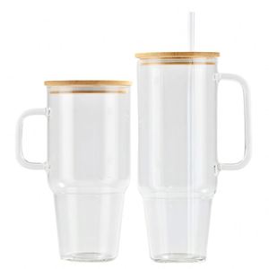 Vaso de Cerveza Transparente de Vidrio Esmerilado de 40oz con Asa de Bambú, Forma de Taza, para Sublimación, Envío desde Almacén en EE. UU. - Product Image 2