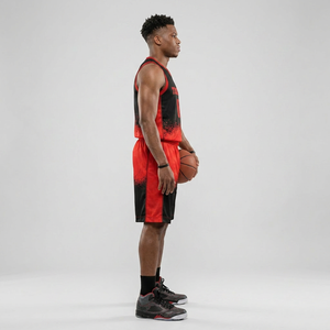 Ensemble de maillots de basket-ball pour hommes, rouge et noir, sublimé, col en V, sans manches, uniformes en polyester à séchage rapide, coupe athlétique - Product Image 3