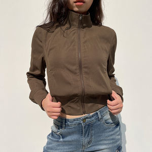 Veste utilitaire rétro marron pour femmes, style moto, fermeture éclair, col montant, coupe-vent, bomber décontracté, vêtements d'extérieur - Product Image 4