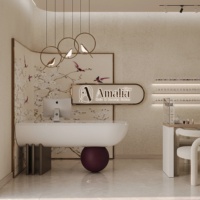 Aménagement de salon de coiffure et de manucure professionnel, présentoir de table sur mesure et système d'étagères murales