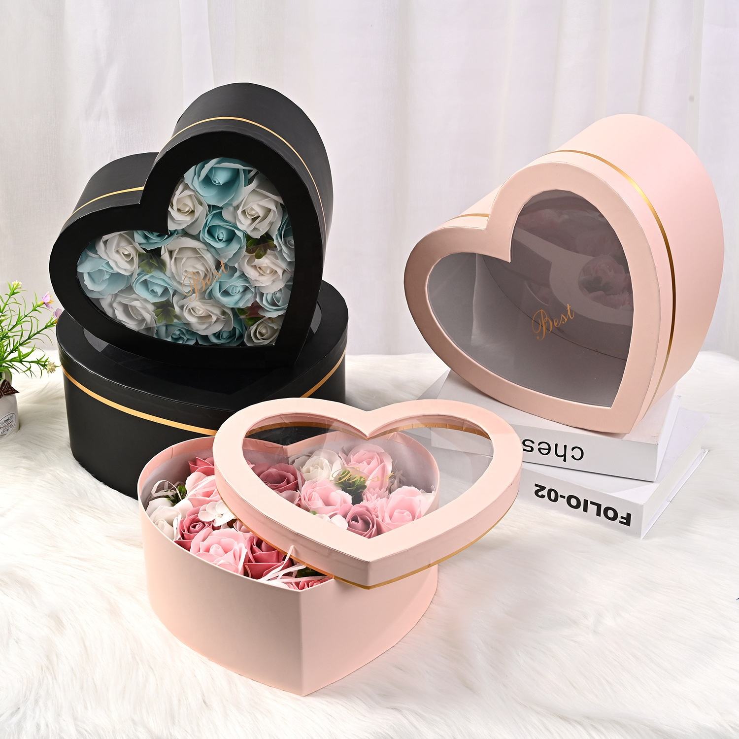 Custom Mom Flower Window Gift Box Logo Printed Floral Gift Box Hand-held Lipstick Gift Heart shaped I Love You Box for Flowers