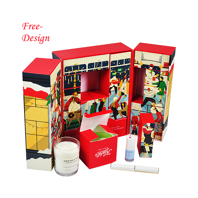 Custom 25 Days Christmas Advent Calendar Paper Box Matt Lamination and Embossing for Eye Cream Gift Packaging