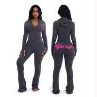 Ensemble de survêtement sportif pour femme avec logo personnalisé, veste unie à fermeture éclair en dentelle, pantalon évasé ajusté, pantalon évasé long et sweat à capuche basique