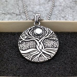 Collar con colgante de árbol de la vida vikingo unisex de acero inoxidable vintage con incrustaciones de luna, joyería de regalo para hombres y mujeres - Product Image 3
