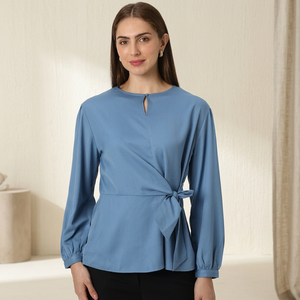 Blusa Elegante para Mujer con Estampado Floral Digital, Botones y Lazo, Corte Regular, Manga Larga, Chifón y Algodón, para Uso Diario - Product Image 2