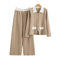 Ensemble de pulls à col polo personnalisés en gros pour femmes, vêtements d'automne, mode européenne et américaine, ensemble tricoté