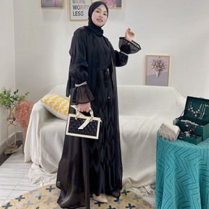 Robe musulmane à la mode Abaya personnalisée en gros Loriya élégant Cardigan perles en organza noir Abaya robes modestes pour les femmes - Product Image 3