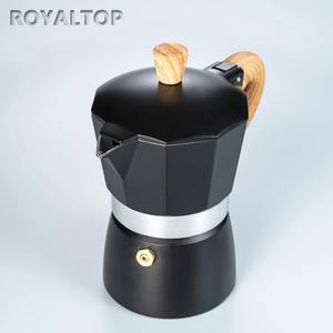 Pot à café moka en aluminium de couleur personnalisée 3 <span class=keywords><strong>tasses</strong></span> <span class=keywords><strong>6</strong></span> <span class=keywords><strong>tasses</strong></span> pot à café moka <span class=keywords><strong>rouge</strong></span> noir avec poignée en bois - Product Image 2