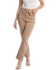 新款时尚橙色高腰紧身喇叭裤女式时尚弹力宽腿裤休闲