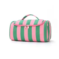 Sac de rangement pour maquillage à rayures verticales portable, multifonctionnel, grande capacité, trousse de toilette de voyage avec crochet de suspension