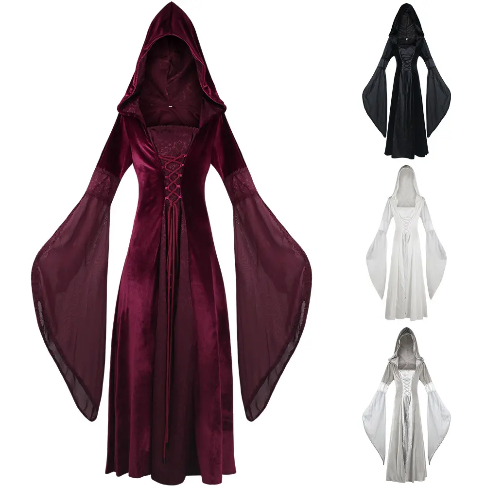 उच्च गुणवत्ता मध्यकालीन विंटेज शादी की पोशाक पुनर्जागरण फीता अप विंटेज गॉथिक पोशाक मंजिल लंबाई Hooded Cosplay कपड़े