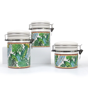 Ensemble de pots de conservation en céramique à motif de feuille de Monstera tropicale, hermétiques, avec <span class=keywords><strong>pince</strong></span> de verrouillage en métal pour café, thé, sucre - Product Image 1
