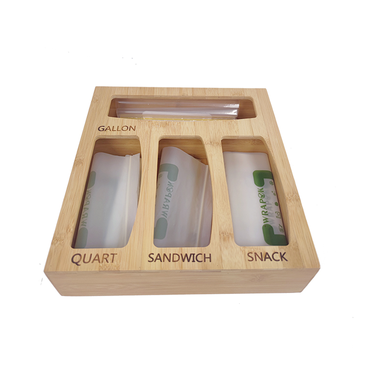 Kitchen Drawer Baggie Holder Organizer , Food Storage Bag Dispenser Bamboo Ziplock Bag Storage Organizer with Lid