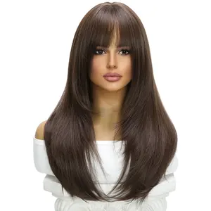 Popular SMILCO Fashion Wigs Europe And American Full Bangs Brown Straight Hair Braid Wig For Black Women