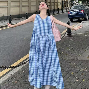 Women's Summer Korean Style Casual Mid Length Vacation <b>Dress</b> Light Blue Plaid V Neck <b>Elastic</b> Waist Breathable Leisure <b>Dress</b> - Product Image 1