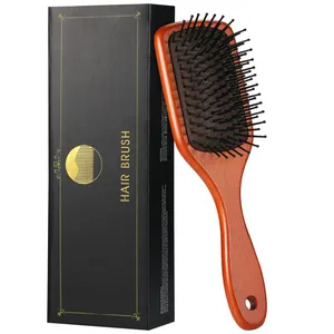 Nylon and beech wood with red paint long handle wood boar bristle hairbrush luxury boar bristle hair brush