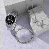 Ensemble cadeau de luxe promotionnel 4 pièces pour homme, nouvelle tendance estivale, montre plaquée argent, bracelet, collier, bague, logo personnalisé, fait main