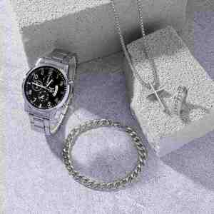 Ensemble cadeau de luxe promotionnel 4 pièces pour homme, nouvelle tendance estivale, montre plaquée argent, bracelet, collier, bague avec logo personnalisé - Product Image 2