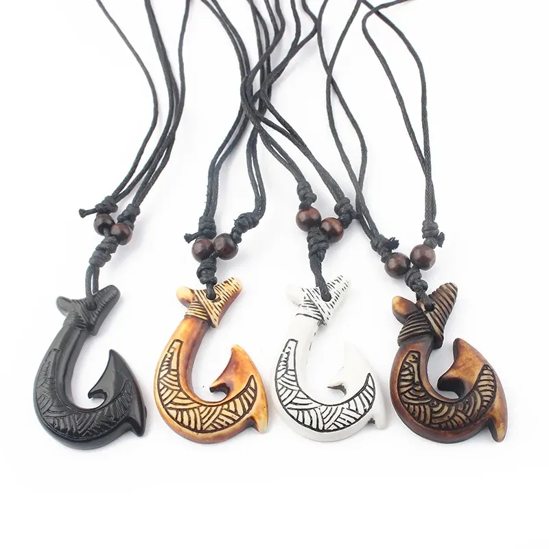 Collana Hawaii girocollo con gancio di pesce Maori tribale in osso di Yak per gioielli da donna da uomo da surf