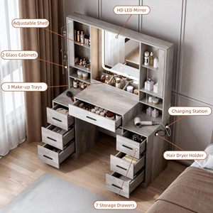 SENYU Coiffeuse Moderne avec Miroir Éclairé, 5 Tiroirs, Station de Recharge, Meuble de Chambre sur Pied, Design en Panneaux MDF - Product Image 4