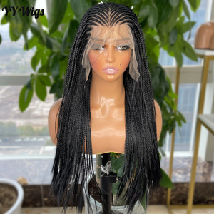 Perruques tressées à la main 13x6 noires longues pour femmes afro-américaines, micro-tresses, perruque synthétique Lace Front couleur noire, raie libre - Product Image 6