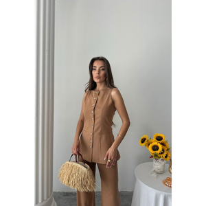 Conjunto de Pantalones y Chaleco de Lino para Mujer, Color Marrón Sólido, Tejido de Algodón, Top Largo, Talla XL, Corte Holgado, para Oficina, Verano y Otoño - Product Image 2