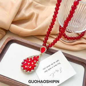 Guohaoshipin Red Crystal Flower Pendant Long Necklace Zinc Alloy Sweater Chain Gift Jewelry - Product Image 1