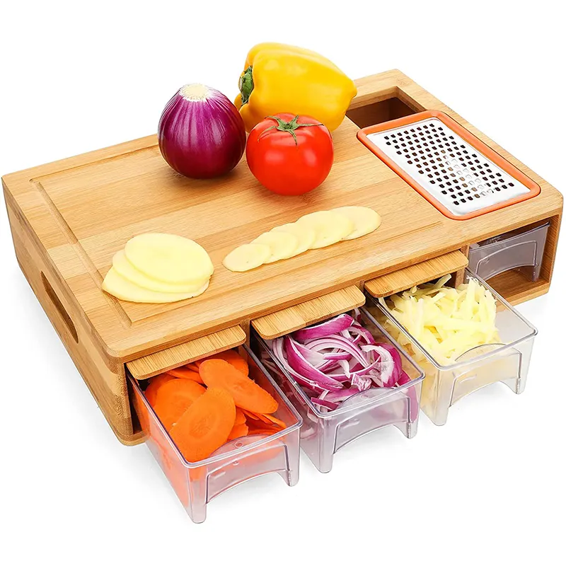 Multifunctional Bamboo Chopping Block Mini Vegetable Fruit Grater Cutting Board With 4 Drawers Containers