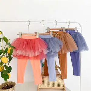 Mùa Xuân Mùa Thu Cô Gái Cotton Gradient Màu Fluffy Tulle Ruffle Quần Lót Trẻ Em Xà Cạp Với Tutu Váy Cho Trẻ Em