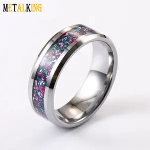 8Mm Tungsten Ring Kleurrijke Duitsland Glas Stones Inlay Wedding Band Afgeschuinde Rand
