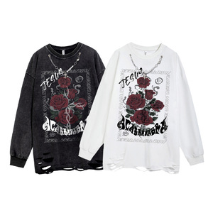 Suéter de estilo callejero floral holgado de marca europea y americana, de algodón puro, retro, con cuello desgastado, talla grande - Product Image 1