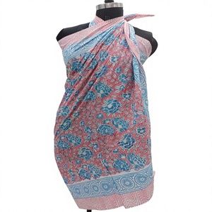 Candy Pink and Sky Blue Cotton <b>Sarong</b> Indian Handmade Boho Scarf Floral Beachwear Quick Dry Breathable Plus Size - Product Image 1