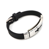Bracelet croix en acier inoxydable noir avec fermoir manchette en silicone froid, bijou de poignet chrétien catholique