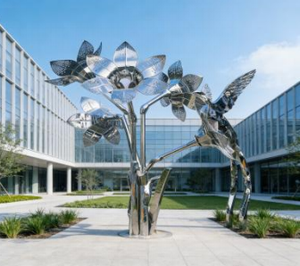 Escultura de Pájaro y Flor en Acero Inoxidable, Arte Metálico Decorativo, Estatua de Jardín para Patio o Plaza - Product Image 1