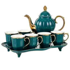 Creative household green ceramic water set with golden rim 8-piece cup pot with high foot tray