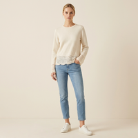 Suéter de Cachemira para Mujer, Diseño OEM, Encaje, Borde Festoneado, Manga Larga, Mezcla de Cachemira y Lana