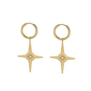 Hip Hop Cold Fashion Brand Design Hexagonal Eight-Pointed Stars Titanium Steel 18K Real Gold PVD Plated Zircon Eardrops