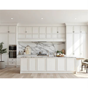 Coastal Dream Kitchens Panel empotrado manchado de madera maciza Manija pintada en blanco Puerta de vidrio Diseño de cocina Armario con Isla Grande - Product Image 1
