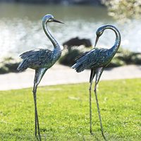 Statues de grues de jardin, patine, décoration de jardin en forme de héron, sculptures de grues en métal debout, art de la cour pour la décoration extérieure, lot de 2