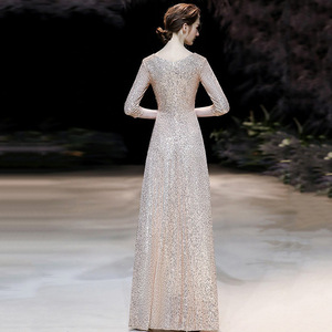 Evening Gown With Gold <b>Sequins</b> V Neck Sheath Satin Long Dress For Formal Events - Product Image 4