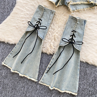 Ensemble denim vintage Y2K sans manches pour femme, été, à lacets, taille haute, ourlet effiloché, trois pièces