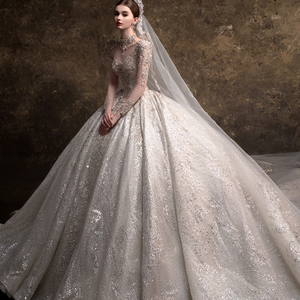 LSHT128 Modern <b>Glitter</b> High Neck Empire Bridal Wedding Puffy Lace Floral Crystal Appliques Chapel Train <b>Ball</b> Gown Long - Product Image 2
