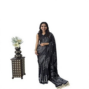 Sari Tradicional Indio-Pakistaní para Mujer, Negro, de Seda Pintada a Mano, Largo hasta el Suelo, para Bodas, Corte Holgado, para Todas las Temporadas - Product Image 1