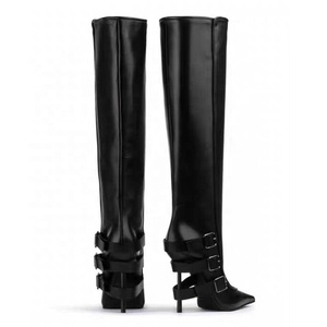 Big Size 44 Women's Back Metal Buckles <b>Long</b> Boots Slim High-Heeled Pointed Toe Knee High Booties Straight Upper on Shoes - Product Image 4