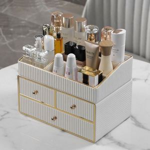MAVOBO Light Luxury Leather Desktop Exquisite Assembly Double Tier Makeup Cosmetic <b>Storage</b> <b>Box</b> <b>Drawer</b> Organizer - Product Image 4